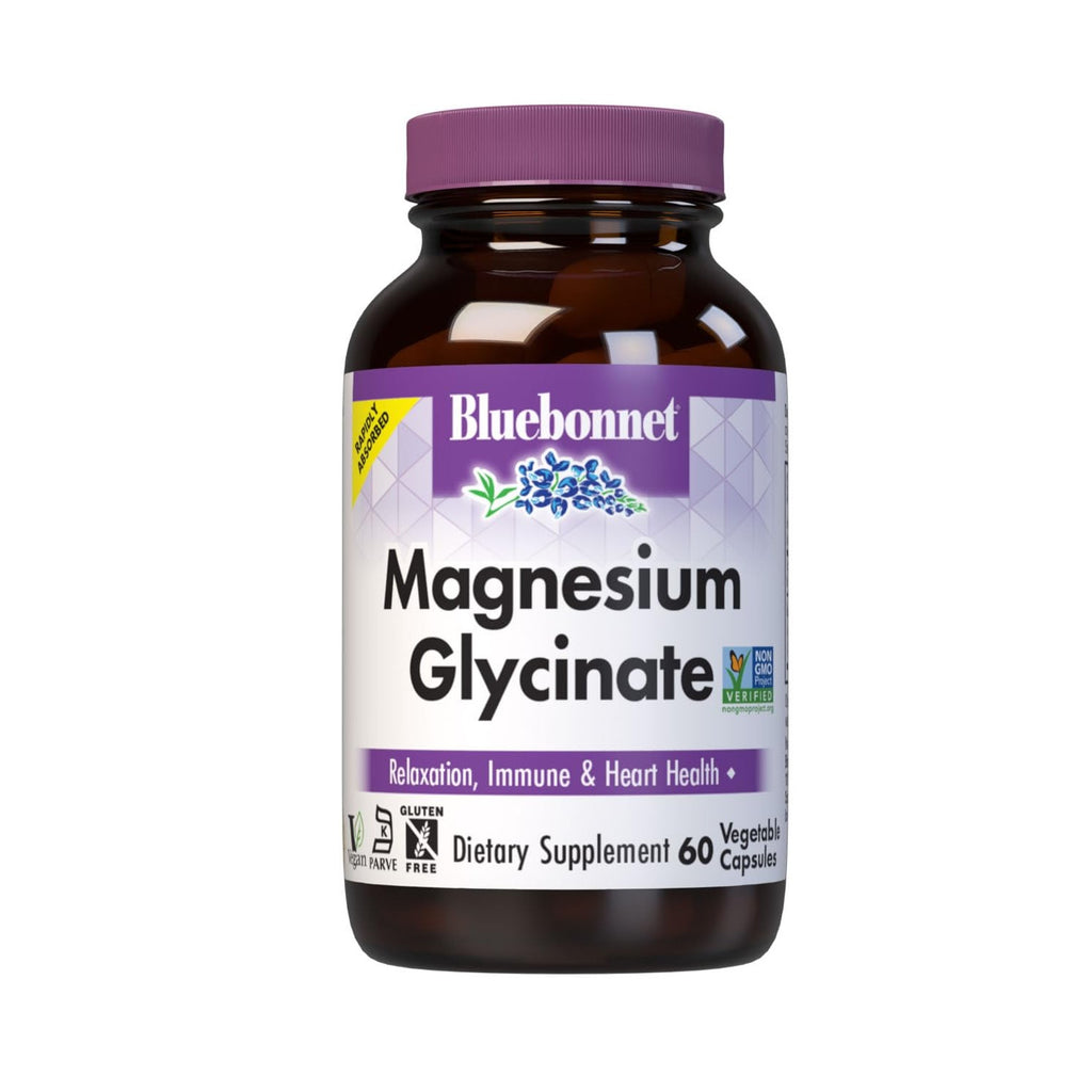 Bluebonnet Magnesium Glycinate, Energy Production*, Enzyme Function*, Non-GMO Certified by NSF, Vegan, Kosher Certified, Gluten-Free, Soy-Free, Dairy-Free, 60 Vegetable Capsules, 15 Servings | Non-GMO, Gluten-Free, Soy-Free