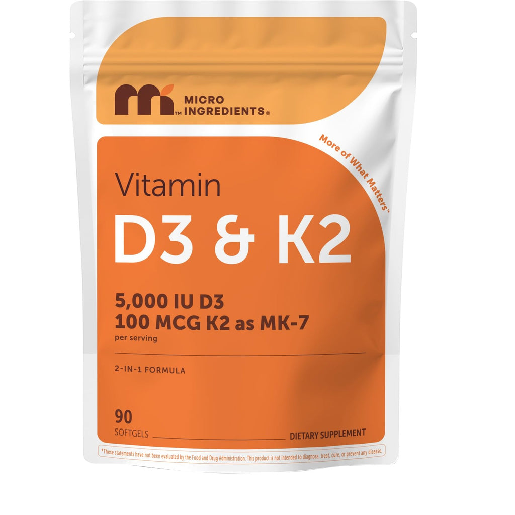 Micro Ingredients Vitamin D3 + K2 MK-7 5,000 IU Per Serving, 300 Softgels | K2 100 mcg Per Serving, D3 & K2 Vitamin Supplement for Women & Men. Easy-to-Swallow, Non-GMO, Gluten Free.