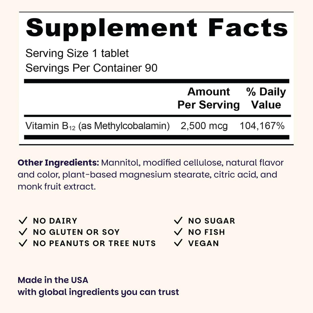 EZ Melts Dissolvable B12 Methylcobalamin 2,500 mcg - Vitamin B12 for Energy & Immune Support - Non-GMO, Vegan & Gluten-Free - Red Cherry - 90 Sublingual Tablets (90 Servings)