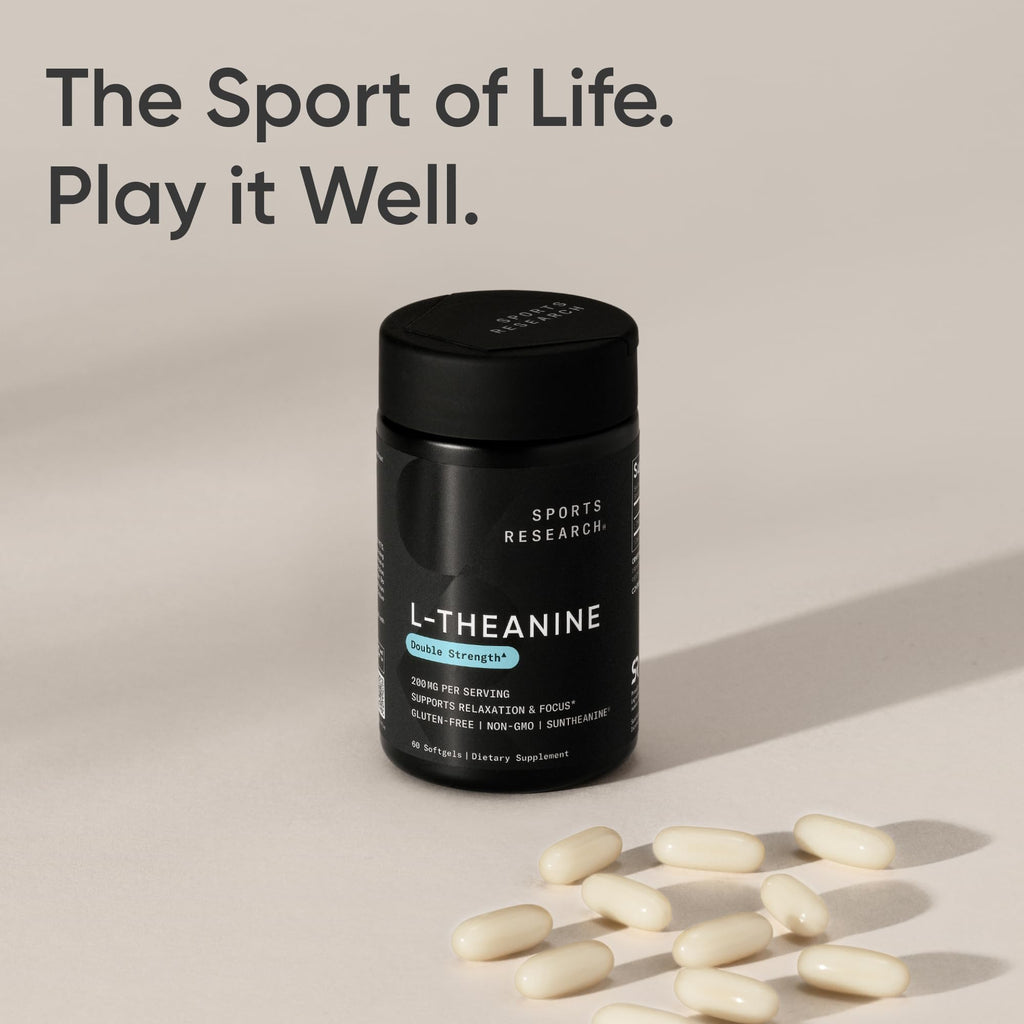 Sports Research® L-Theanine 200mg with Suntheanine®, 60 Softgels | Double Strength Relaxation, Focus & Mood Support - Made w/ Organic Coconut Oil | Non-GMO, Gluten-Free, 60 Servings