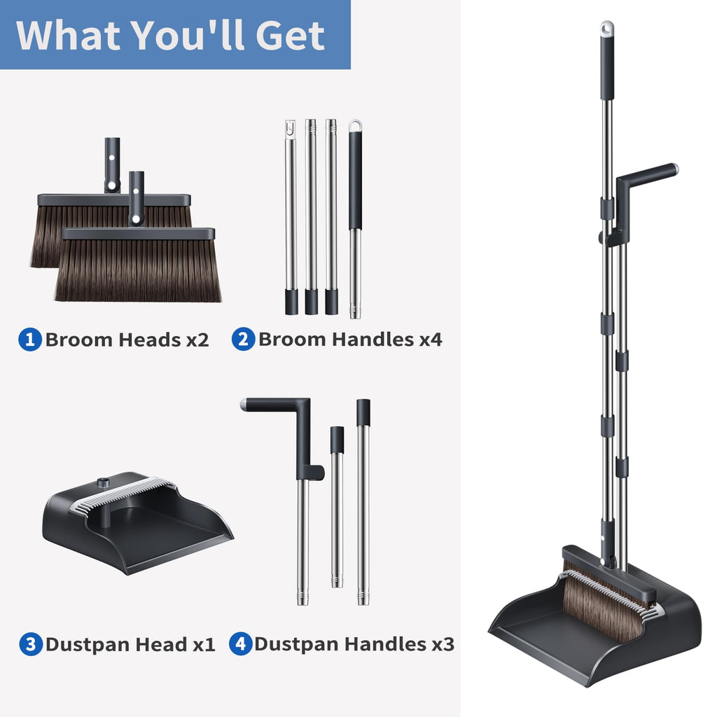 Broom with Dustpan Combo Set, Broom and Dustpan Set with 51.6" Long Handle & Two Broom Heads, Brooms with Dust Pan Teeth for Pet Hair, Indoor&Outdoor Sweeping, Home, Kitchen, Office