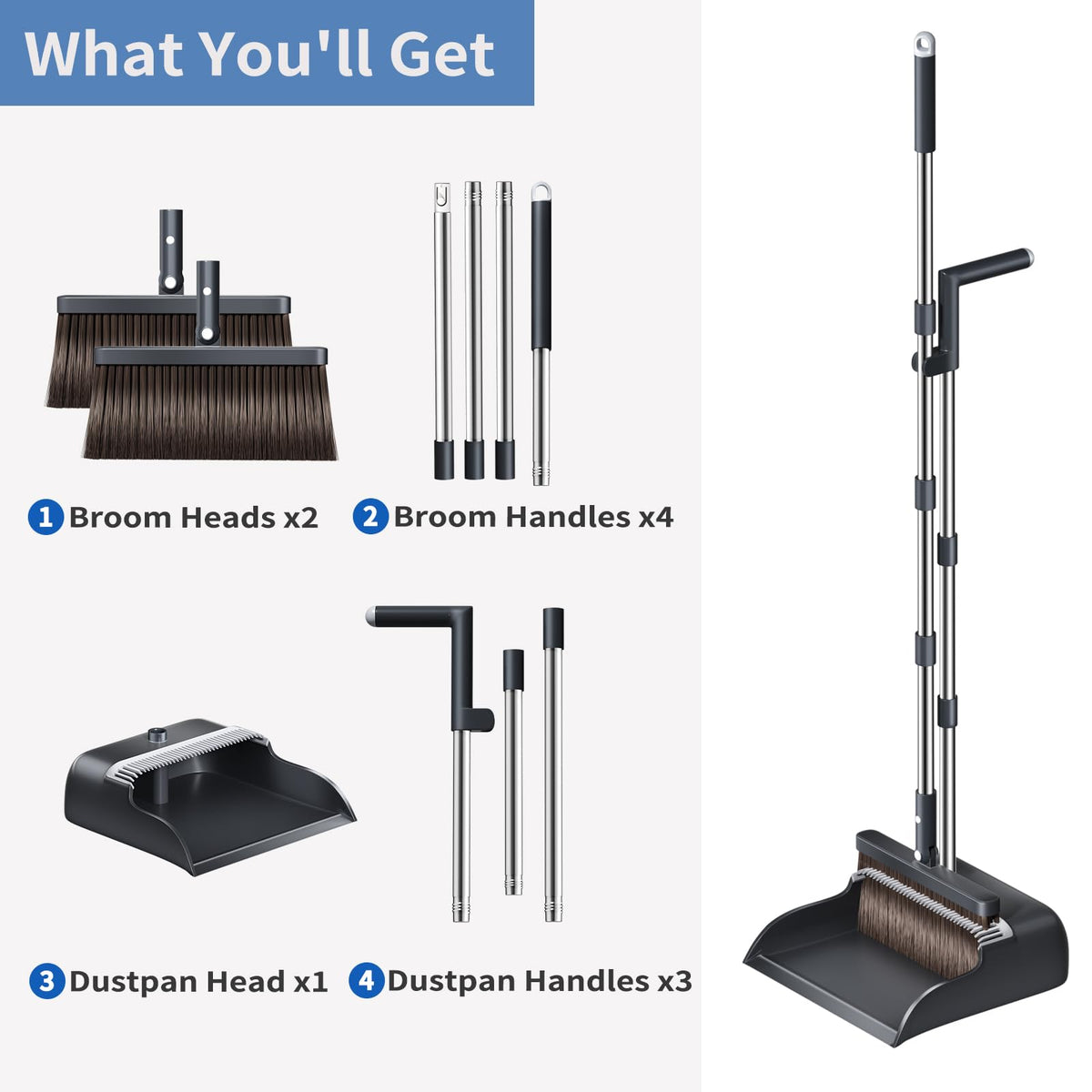 Broom with Dustpan Combo Set, Broom and Dustpan Set with 51.6" Long Handle & Two Broom Heads, Brooms with Dust Pan Teeth for Pet Hair, Indoor&Outdoor Sweeping, Home, Kitchen, Office