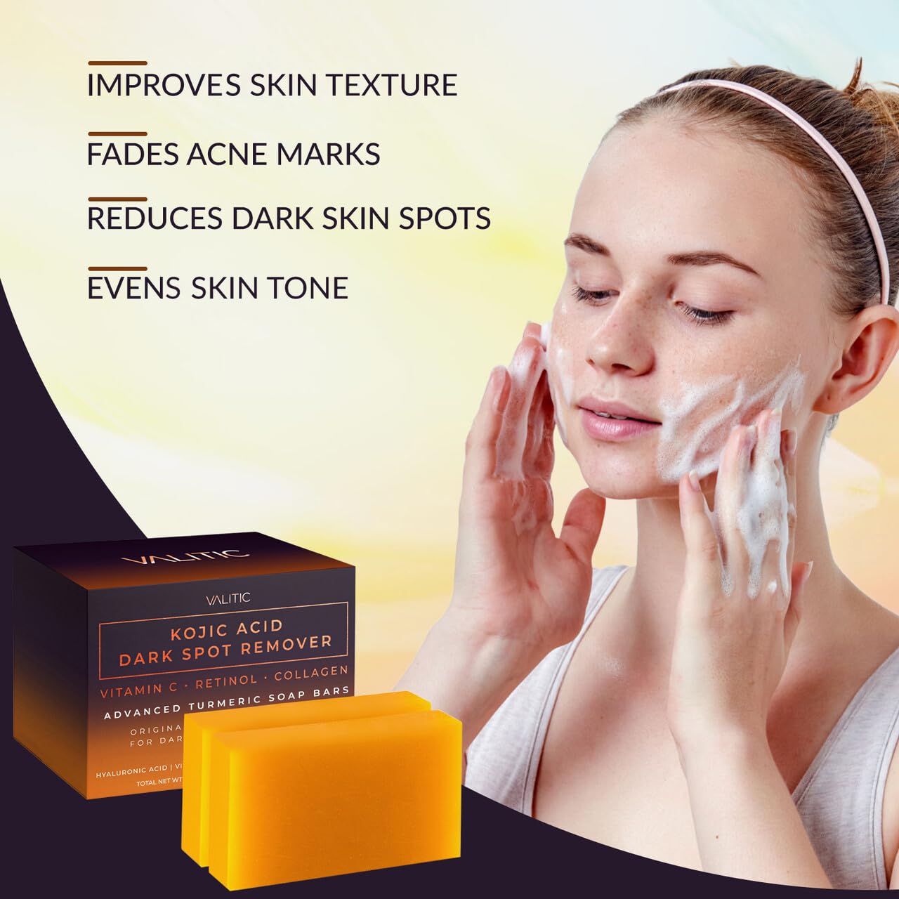 Buy now VALITIC Kojic Acid Dark Spot Remover Soap Bars with Vitamin C, Retinol, Collagen, Turmeric - Original Japanese Complex Infused with Hyaluronic Acid, Vitamin E, Shea Butter, Castile Olive Oil (2 Pack) at indiglob india