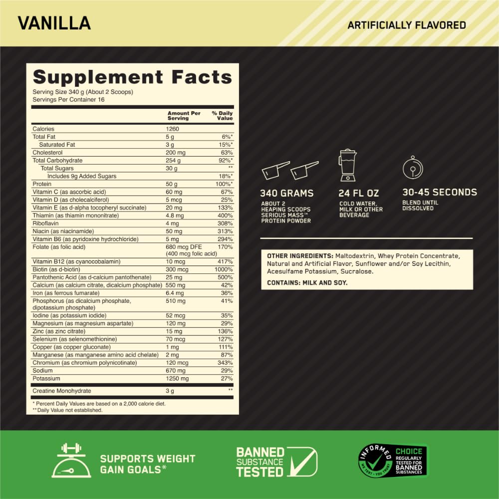 Buy now Optimum Nutrition Serious Mass Weight Gainer Protein Powder, Vitamin C and Zinc for Immune Support, Vanilla, 12 Pound (Packaging May Vary) at indiglob india