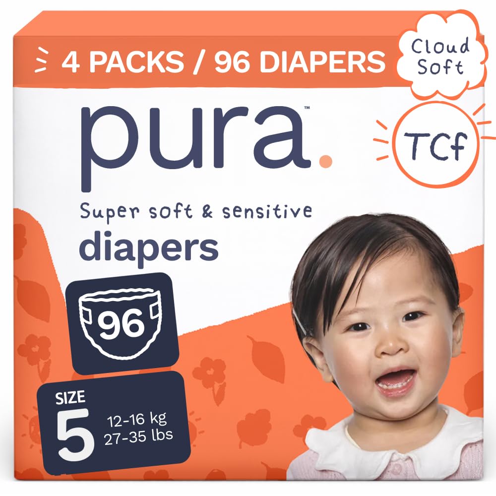 Pura Baby Diapers Size 5 (27-35 lbs) 96 Count Sensitive Skin