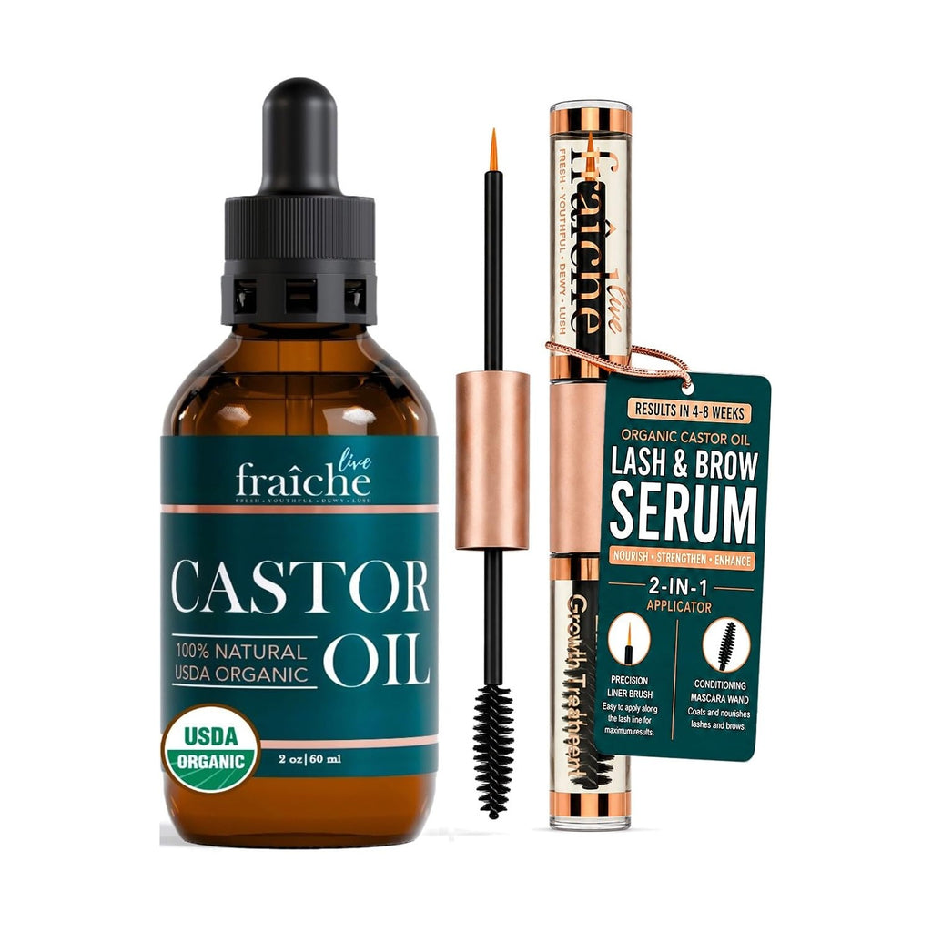 Organic Castor Oil Eyelash Growth Serum, Eyebrow Lash Serum for Hair Growth | 2oz Glass Bottle + Ready-to-Use Filled Dual Ended Tube. 100% Pure Cold Pressed Hexane-Free. For Hair & Skin. Made in USA.