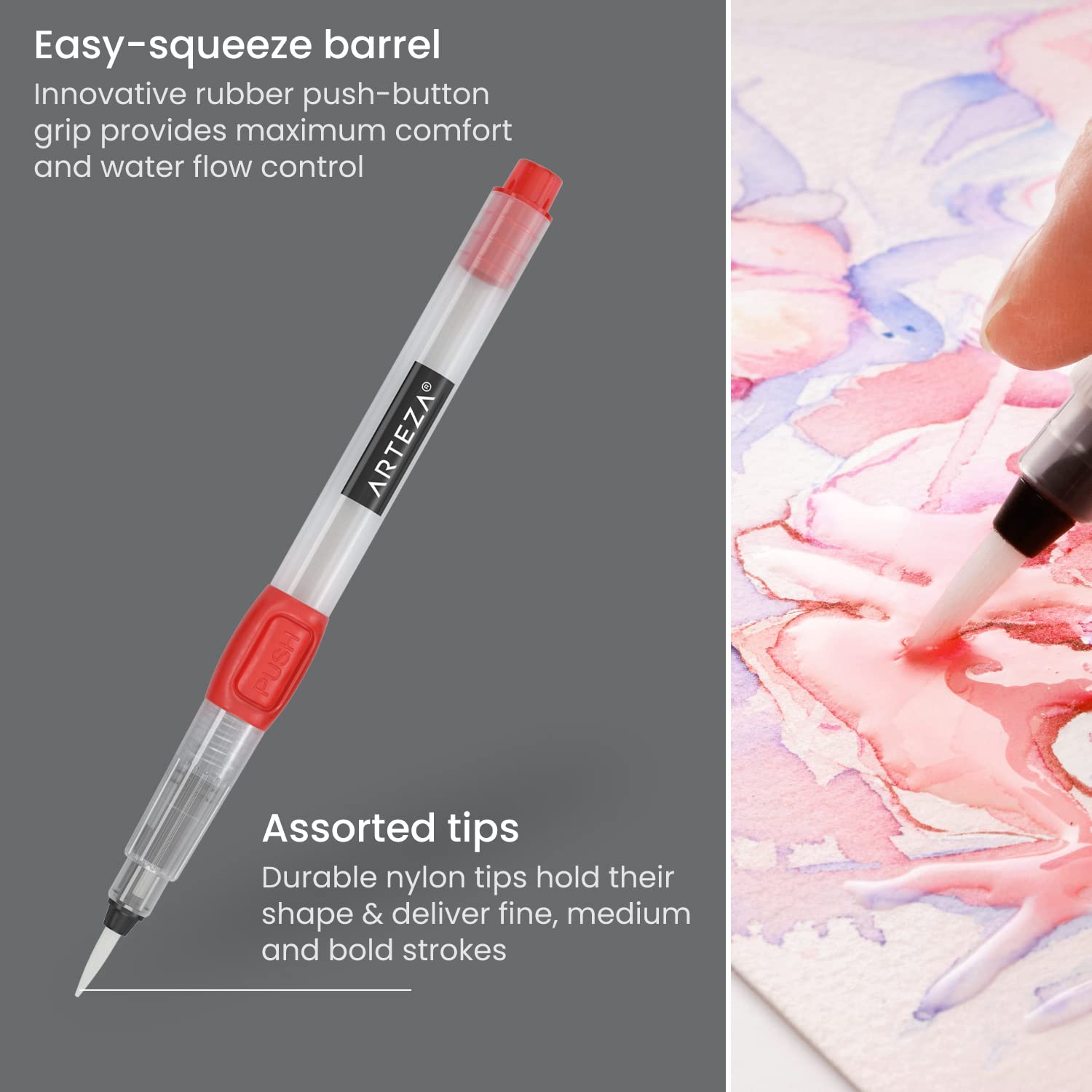 Buy now Arteza Water Brush Pens, Set of 6, with Assorted Soft Nylon Bristle Tip Sizes, Self-Moistening Water Color Paint Pens for Aquarelle, Ink, and Watercolor Painting at indiglob india