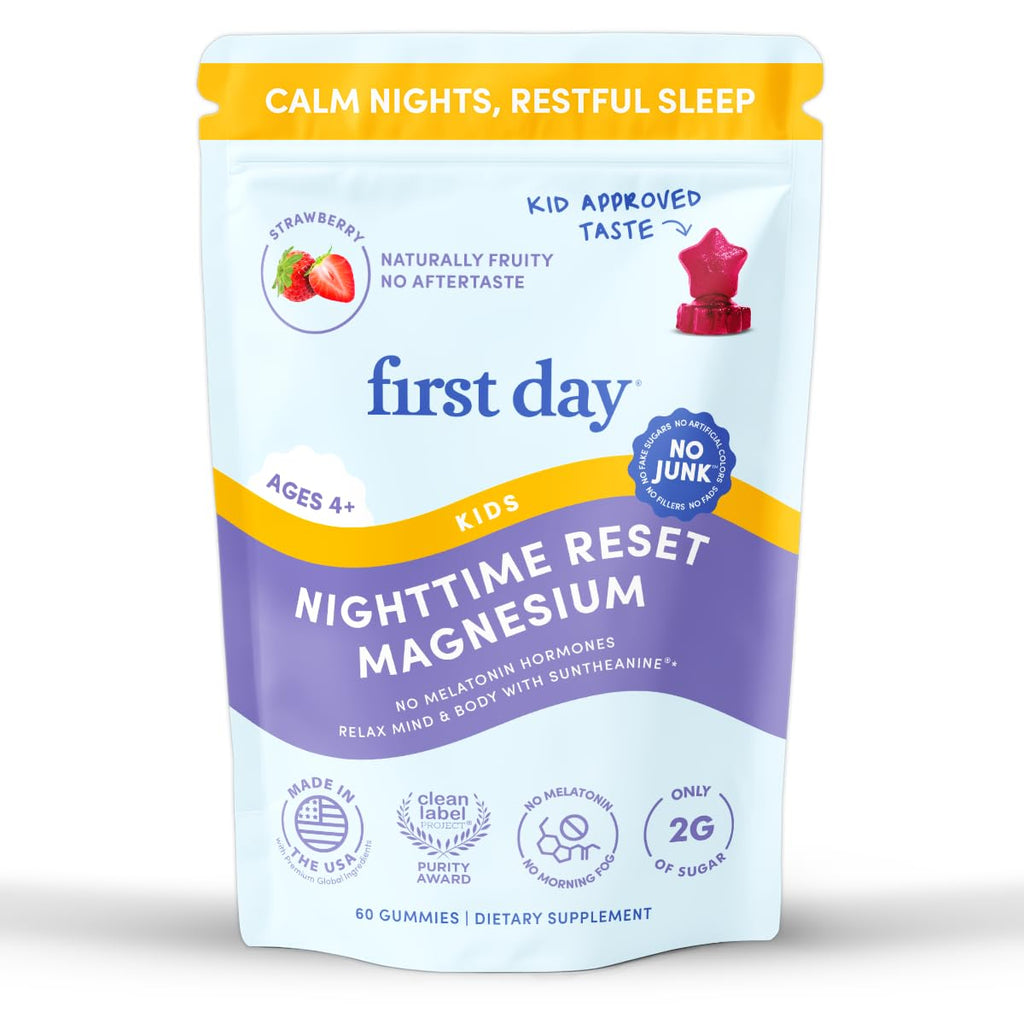 FIRST DAY Kids Magnesium Gummies, Citrate + L-Theanine, No Melatonin, 60 Ct | Strawberry citrate magnesium gummies for kids with Suntheanine® L-theanine; melatonin-free calm and bedtime support for kids
