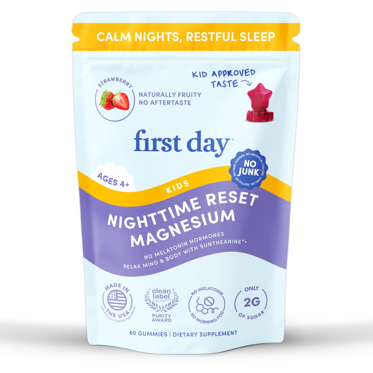FIRST DAY Kids Magnesium Gummies, Citrate + L-Theanine, No Melatonin, 60 Ct | Strawberry citrate magnesium gummies for kids with Suntheanine® L-theanine; melatonin-free calm and bedtime support for kids