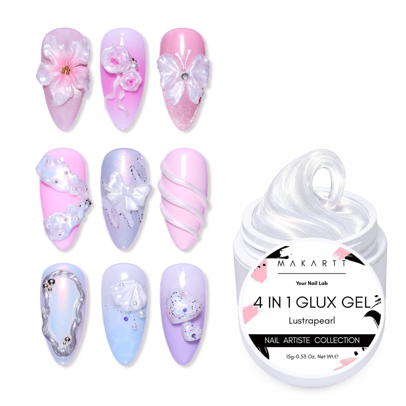 Makartt 3D Gel Nail Art, Clear Non-Sticky 4-in-1 Glux Gel | For Molding, Carving, Shaping, Raised Designs and Nail Extension, UV/LED Cure, Home DIY and Professional Nail Art, 15g
