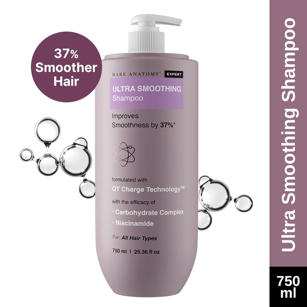 Bare Anatomy Ultra Smoothing Shampoo for Dry and Frizzy Hair | Restores Smoothing & Texture by 37% | Powered By Carbohydrate Complex & Niacinamide | SLS & Paraben Free | Vegan | For Men & Women 750ml