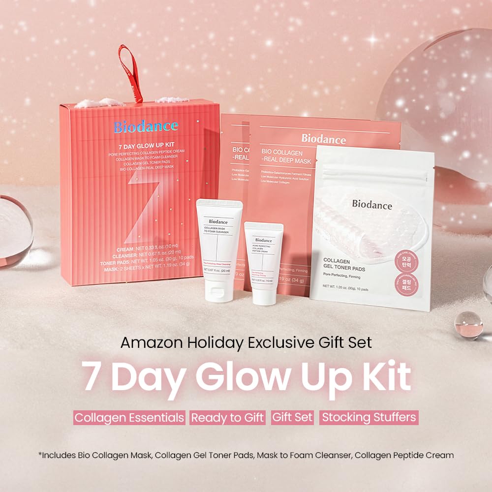 BIODANCE 7 Day Glow Up Kit: Collagen Gift Set for Glass-Skin, Korean Skin Care with Cleanser, Toner Pads, Moisturizer, Gel Masks, All-in-One Skin Care Set, Mothers Day Gifts