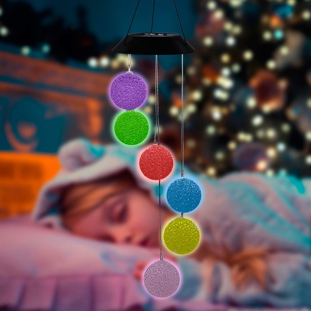 MorTime LED Solar Crystal Ball Wind Chime, 25" Mobile Hanging Wind Chime for Home Garden Decoration, Automatic Light Changing Color