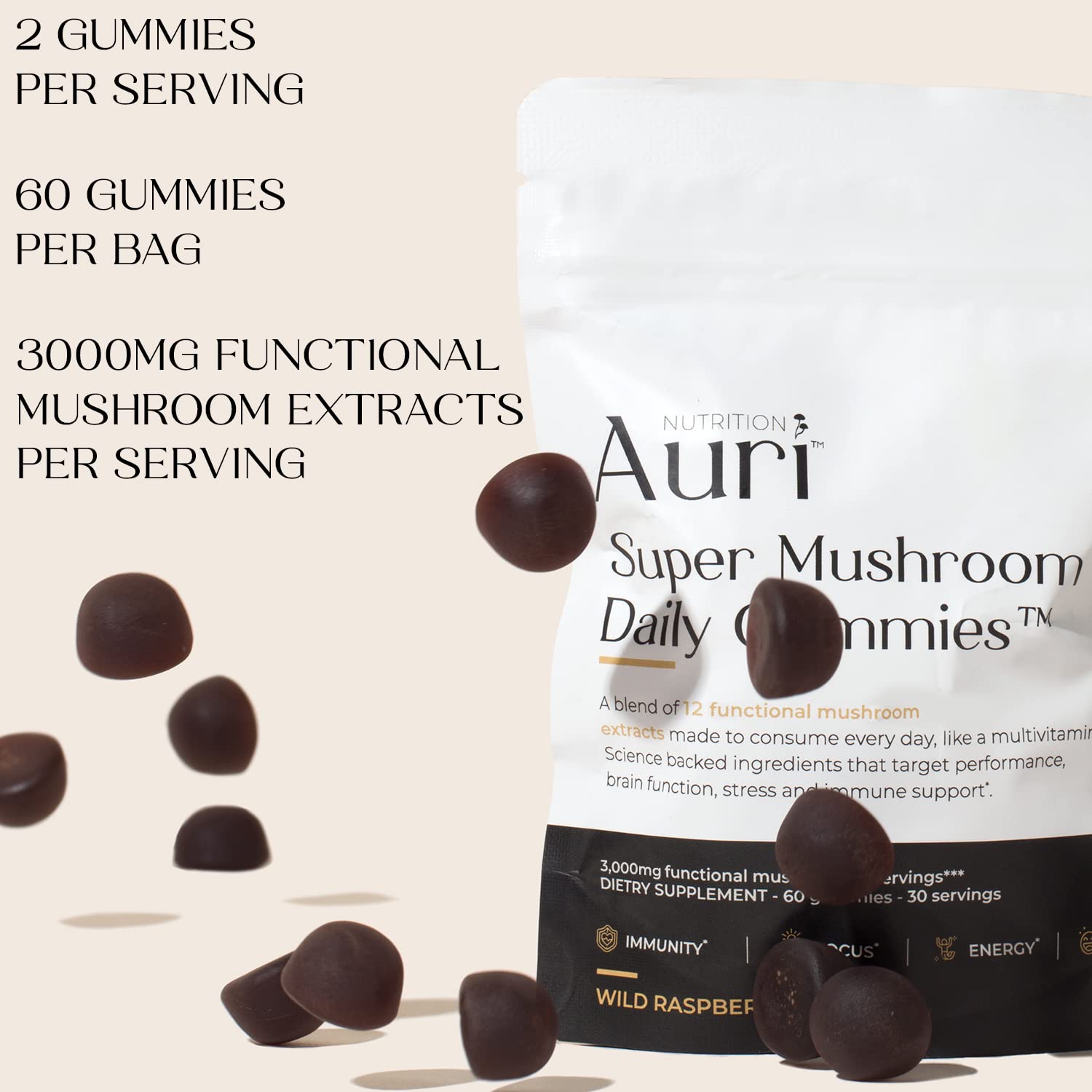 Nutrition Super Mushroom Daily Gummies – All-in-One Functional Gummy with 12 Mushroom Blend Including Lion’s Mane, Reishi, Chaga & Cordyceps – 60 Gummies