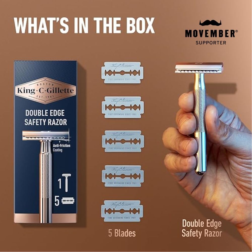 King C. Gillette Safety Razor with Chrome Plated Handle and 5 Platinum Coated Double Edge Safety Razor Blade Refills