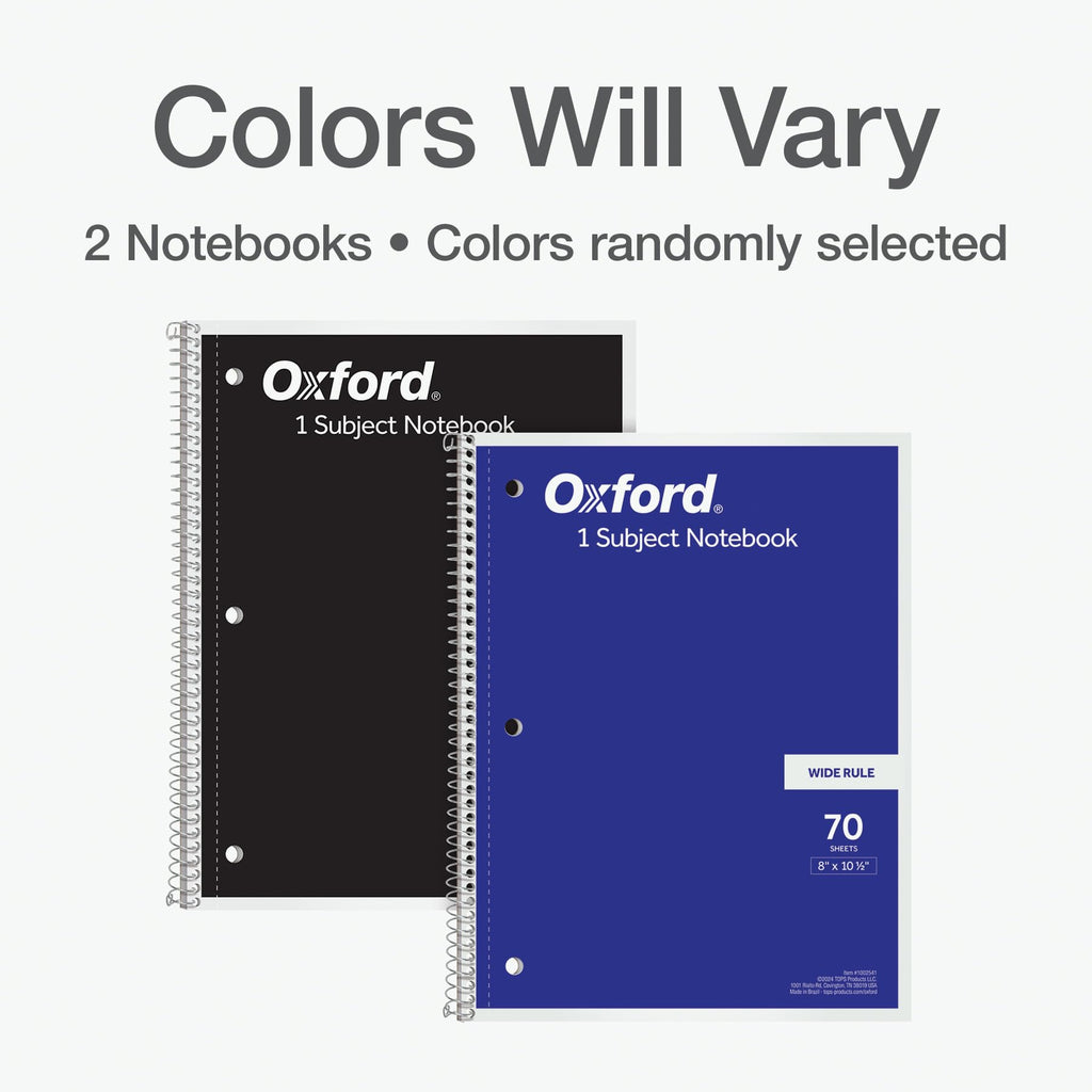 Oxford Spiral Notebooks, 2 Pack, 1 Subject, Wide Ruled Notebooks for School, 8 x 10.5 Inches, 70 Sheets, Assorted Colors, Back to School Supplies (1002539)