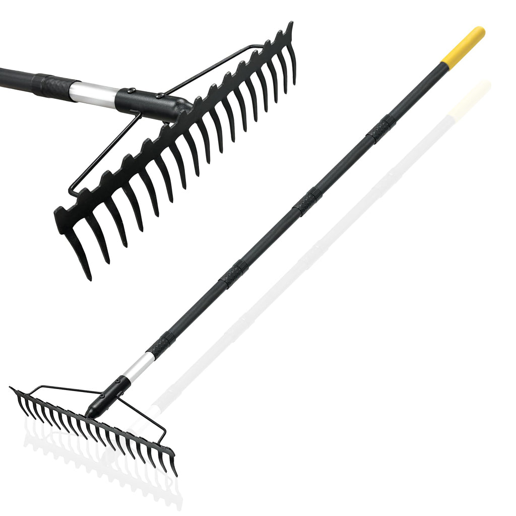 Bow Rake, 68-Inch Adjustable Handle Garden Rake with 17 Steel Tines, Heavy Duty Dual-Sided Metal Rake Landscape Gardening Tool for Soil Loosening Lawn Yard Leaves Mulch Thatch Removing