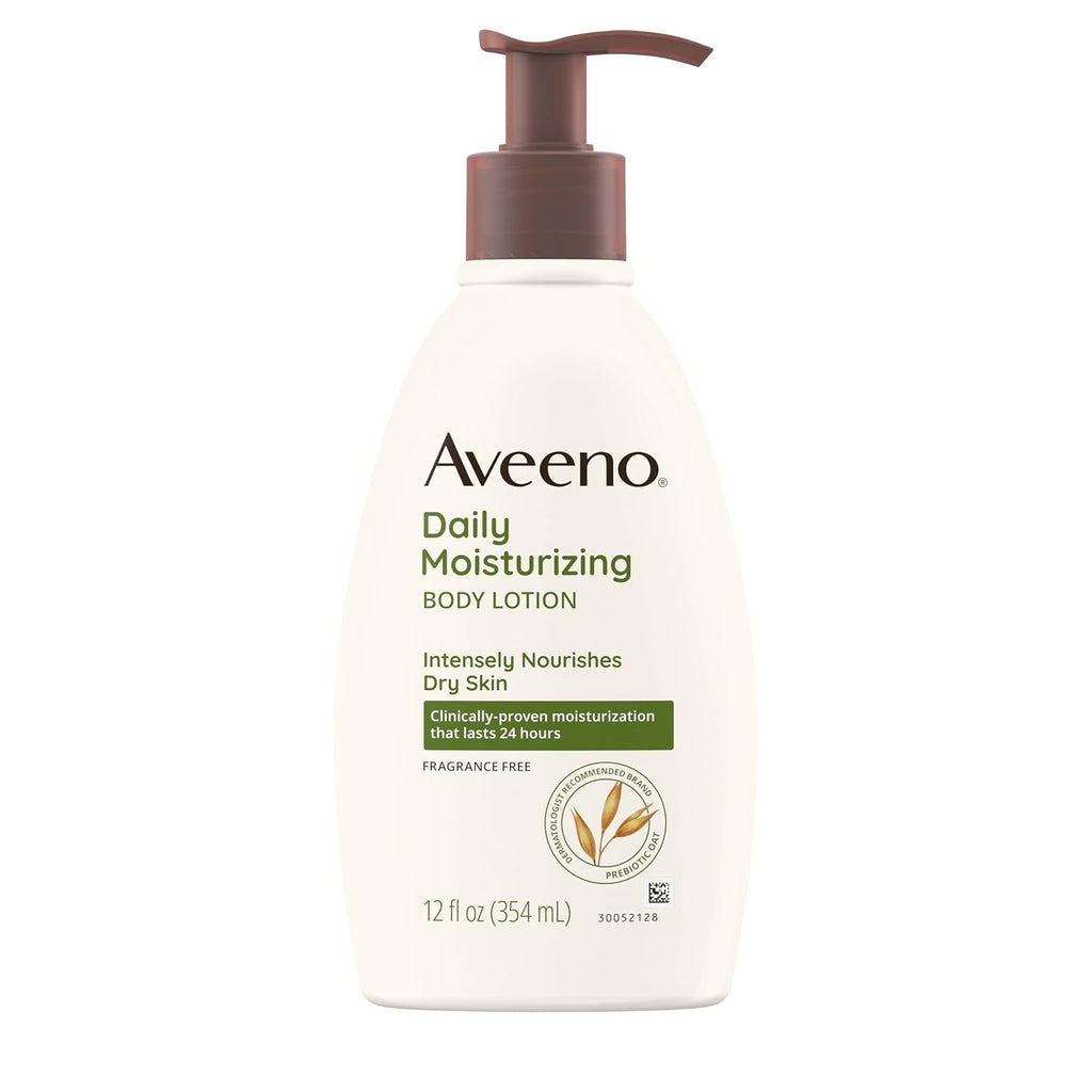 Buy now Aveeno Daily Moisturizing Body Lotion with Soothing Prebiotic Oat, Gentle Lotion Nourishes Dry Skin With Moisture, Paraben-, Dye- & Fragrance-Free, Non-Greasy & Non-Comedogenic, 12 fl. Oz at indiglob india