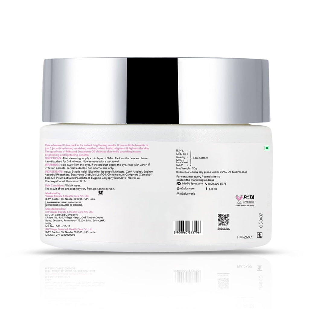 O3+ D-Tan Pack for Instant Skin Brightening and Lightening Benefits Infused with Mint and Eucalyptus Oil - Suitable for All Skin Types (50gm)