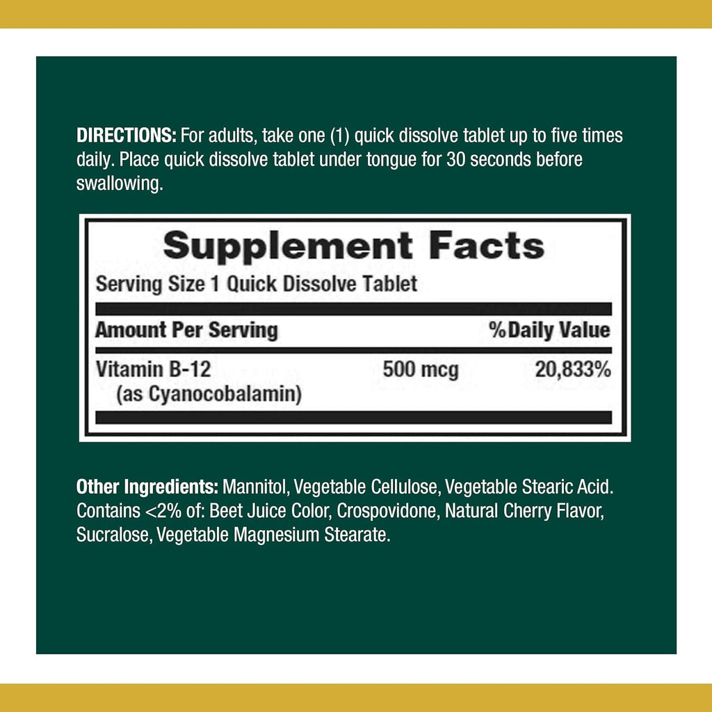 Nature’s Bounty Vitamin B-12 500 mcg, 100 Count (Pack of 2)