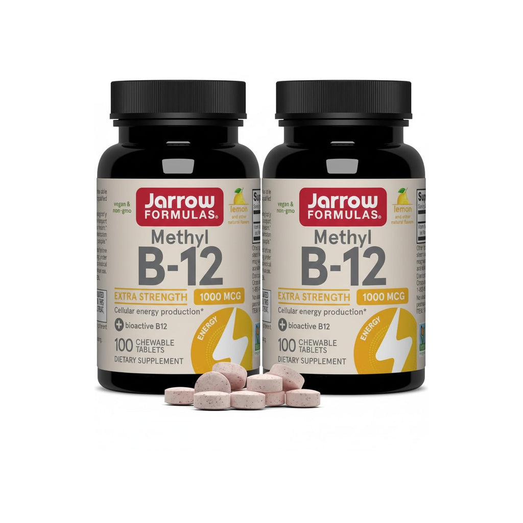 Jarrow Formulas Methyl Vitamin B-12 1000 mcg, 100 Chewable Tablets, Lemon Flavored- Vitamin B12 - Supports Cellular Energy Production, Brain Health & Metabolism - 100 Servings (Pack of 2)