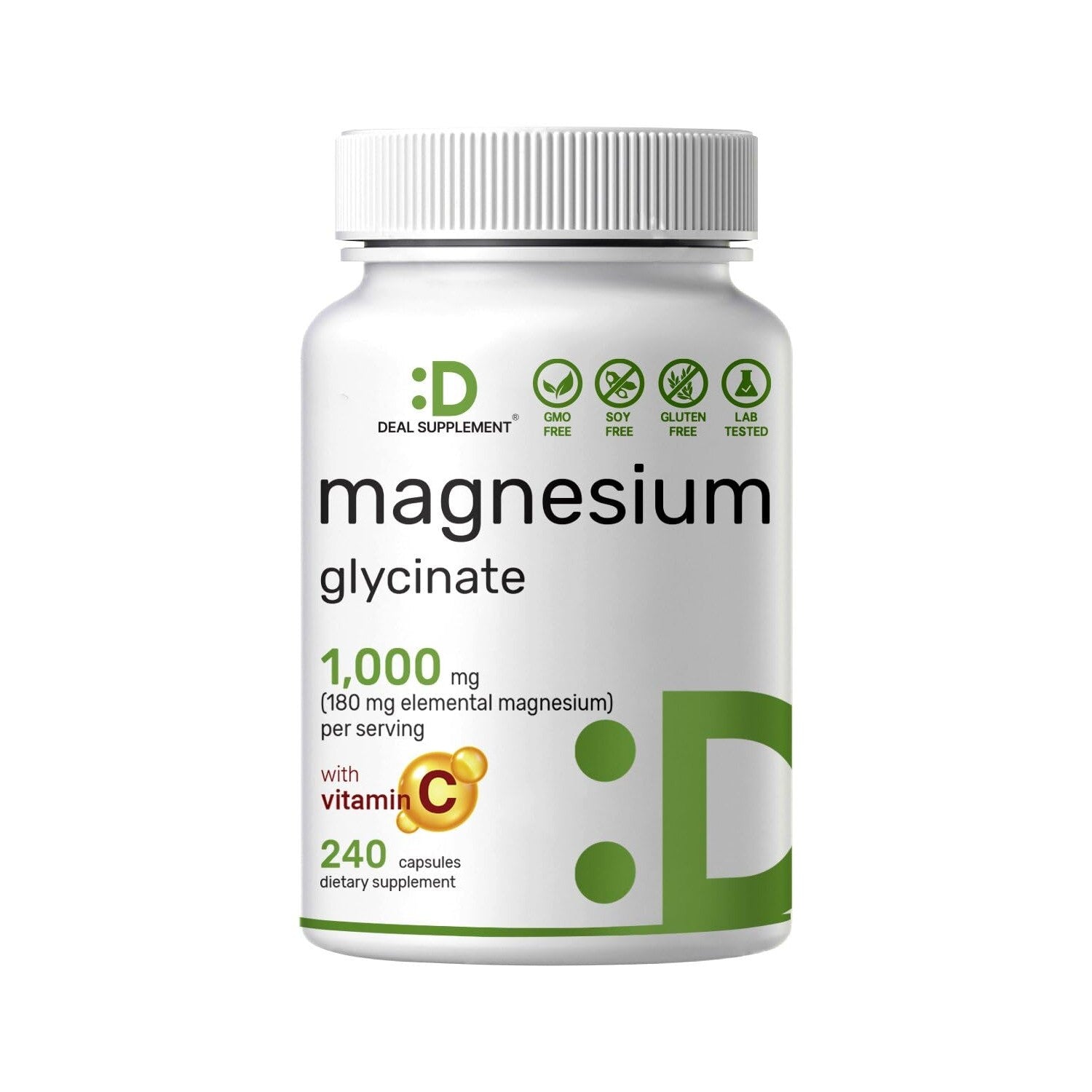 Magnesium Glycinate 500mg Per Capsule (1000mg Per Serving) Plus Vitamin C, 240 Capsules – 100% Chelated for Easy Absorption – Essential Mineral Supplement
