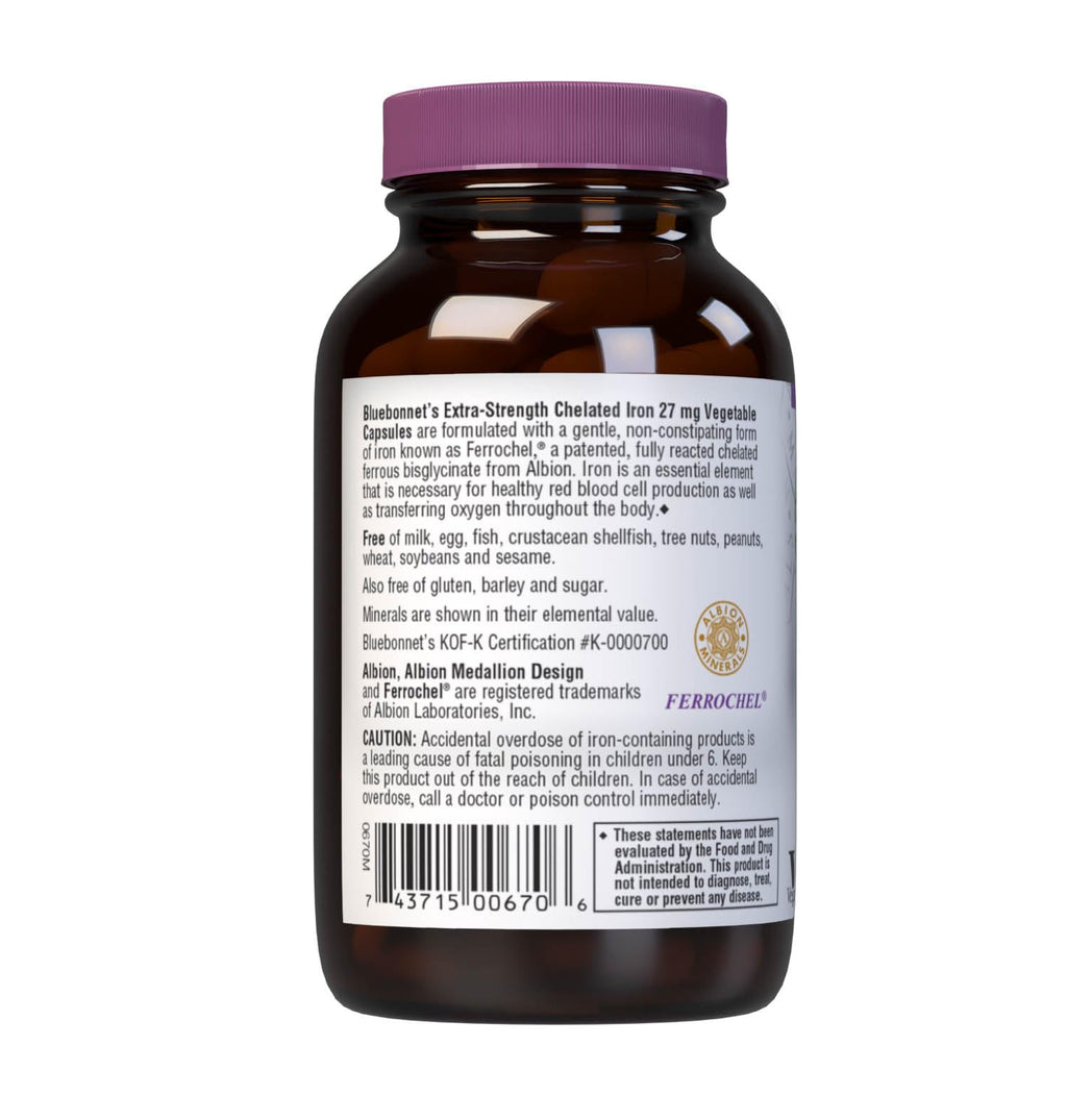 Bluebonnet Nutrition Albion Extra-Strength Chelated Iron 27 mg, For Healthy Red Blood Cell production*, Soy-Free, Gluten-Free, Non-GMO, Kosher, Dairy-Free, Vegan, 90 Vegetable Capsule, 90 Serving