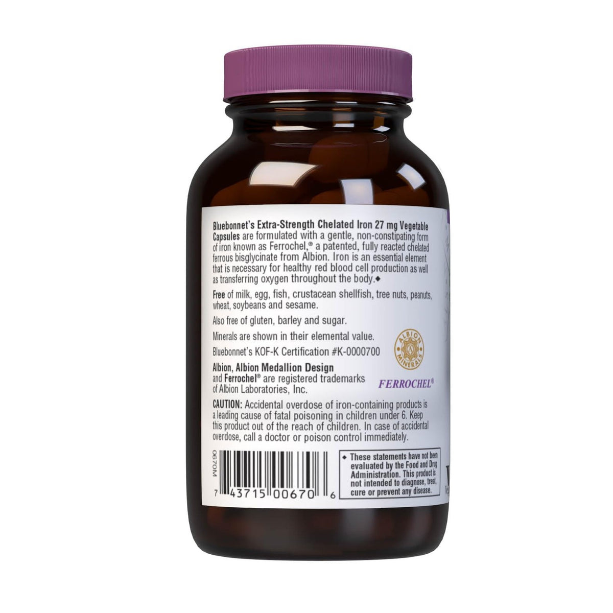 Bluebonnet Nutrition Albion Extra-Strength Chelated Iron 27 mg, For Healthy Red Blood Cell production*, Soy-Free, Gluten-Free, Non-GMO, Kosher, Dairy-Free, Vegan, 90 Vegetable Capsule, 90 Serving
