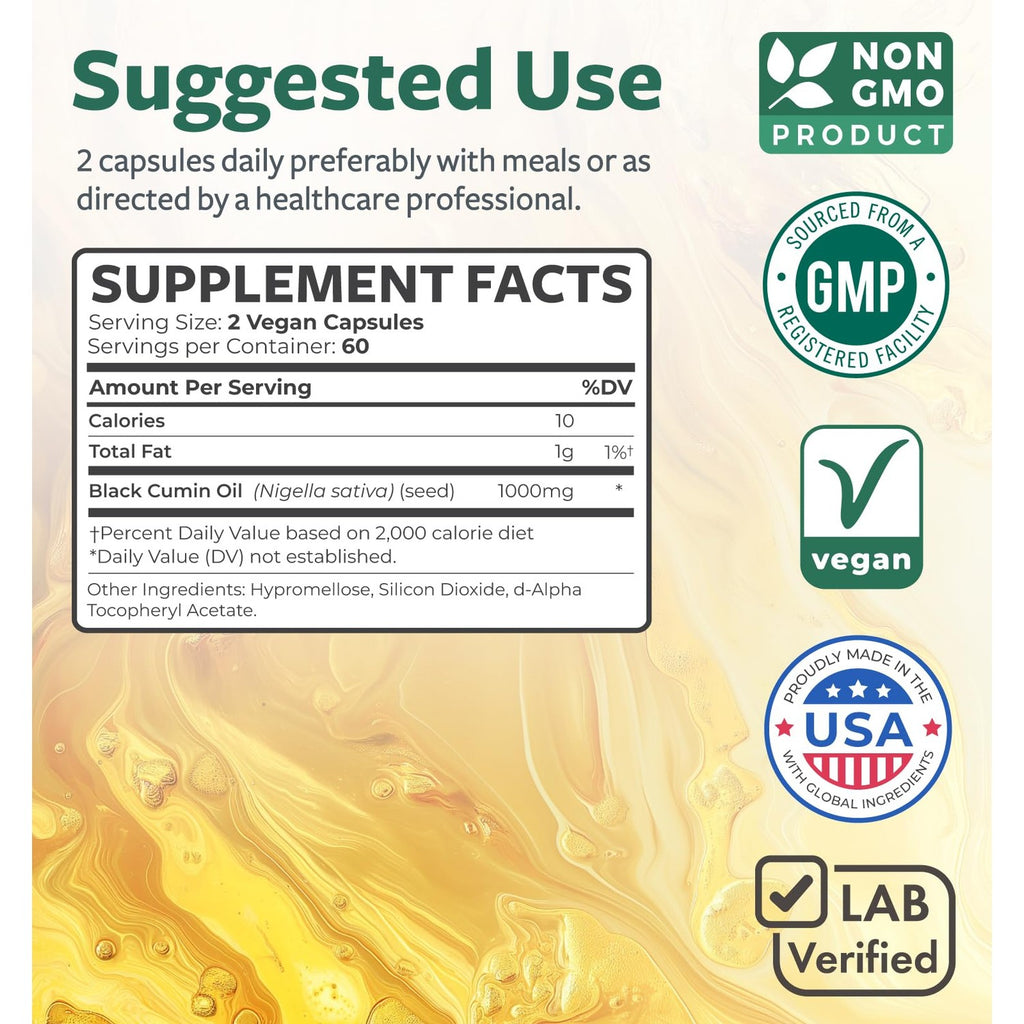Black Seed Oil - 120 Softgel Capsules Skin Health (Non-GMO & Vegan) Cold-Pressed Nigella Sativa Producing Pure Black Cumin Seed Oil with Vitamin E - 500mg Each, 1000mg Per 2 Capsule Serving