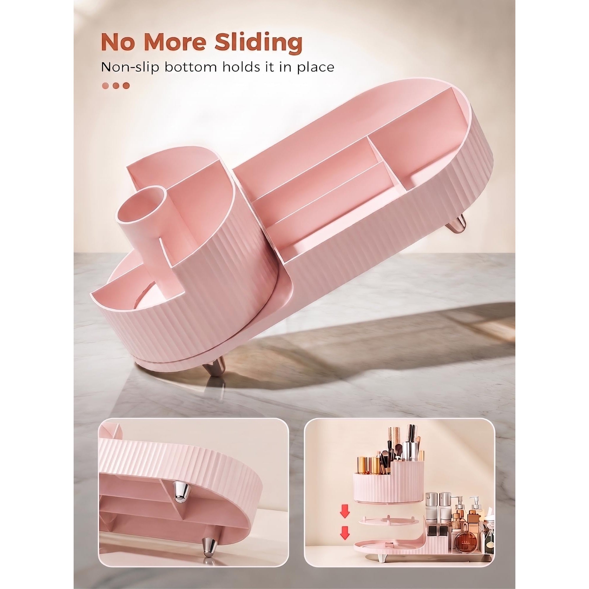 Booklov Rotating Makeup Organizer in pink with non-slip base, available online for easy ordering and stylish storage.