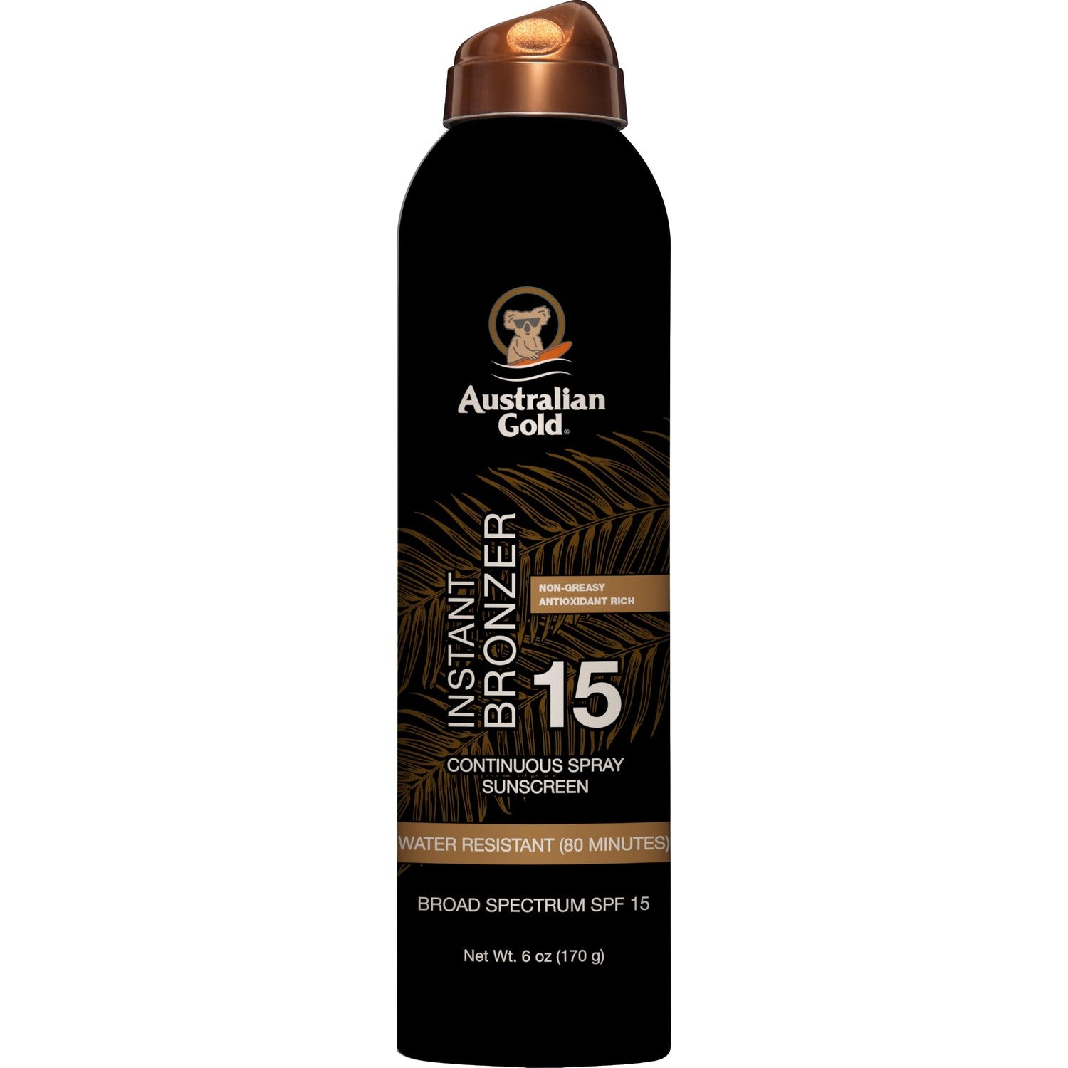 Australian Gold Continuous Spray Sunscreen with Instant Bronzer SPF 30, Immediate Glow & Dries Fast Water Resistant NonGreasy Oxybenzone Free Cruelty Free, Bronzer New, Orange, 6 Oz
