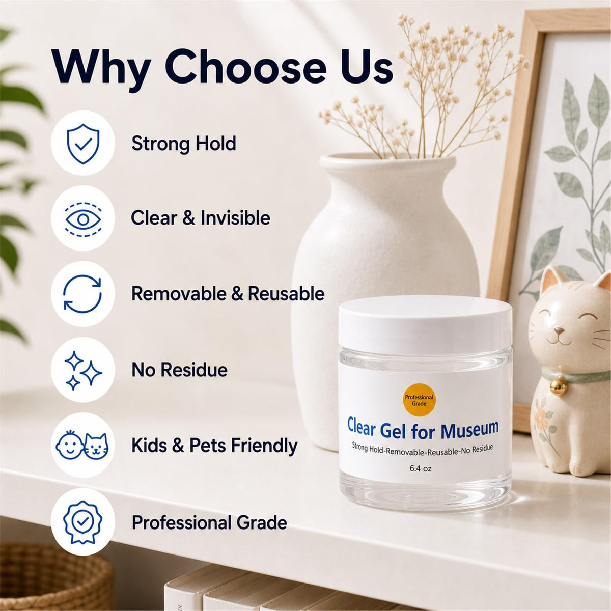 Clear Gel for Museum in official packaging, offering strong hold, removable, reusable, and residue-free. Available at Curat Cart.