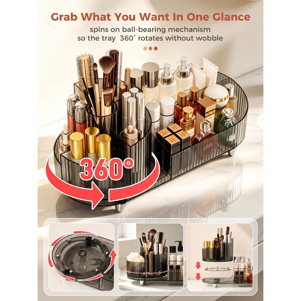 Rotating makeup organizer with 360° rotation, showcasing beauty products. Verified by CuratCart for quality.