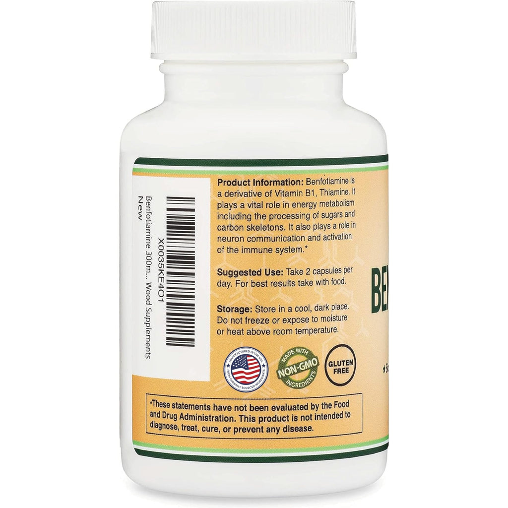 Benfotiamine 300mg Servings (Third Party Tested, 120 Capsules, 150mg Per Cap) Non-GMO, to Boost Thiamine B1 Levels (More Absorbable Than Thiamine, Fat Soluble) by Double Wood (Pack of 2)