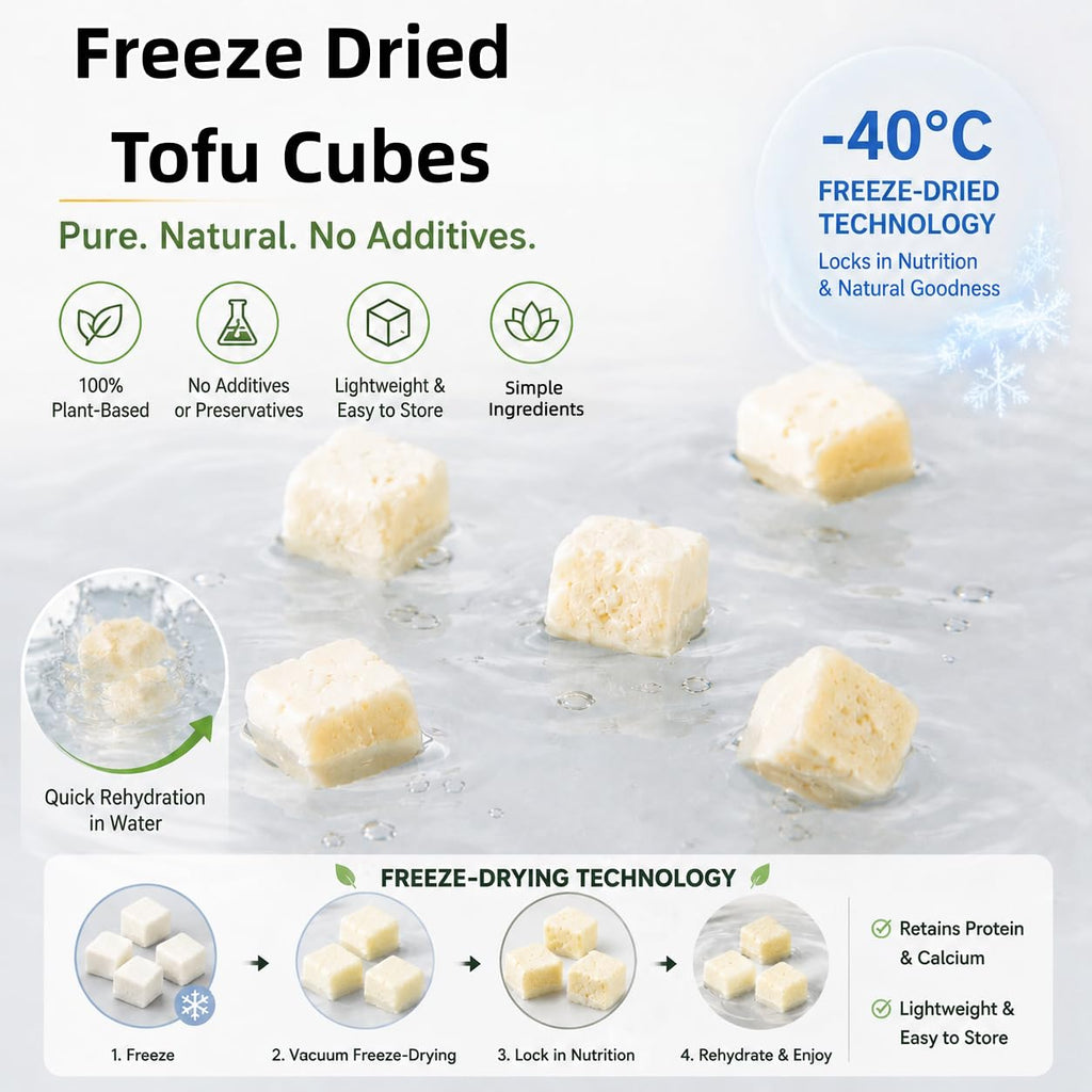 Premium imported freeze dried tofu cubes from Curat Cart, 100% plant-based with no additives, perfect for healthy meals.