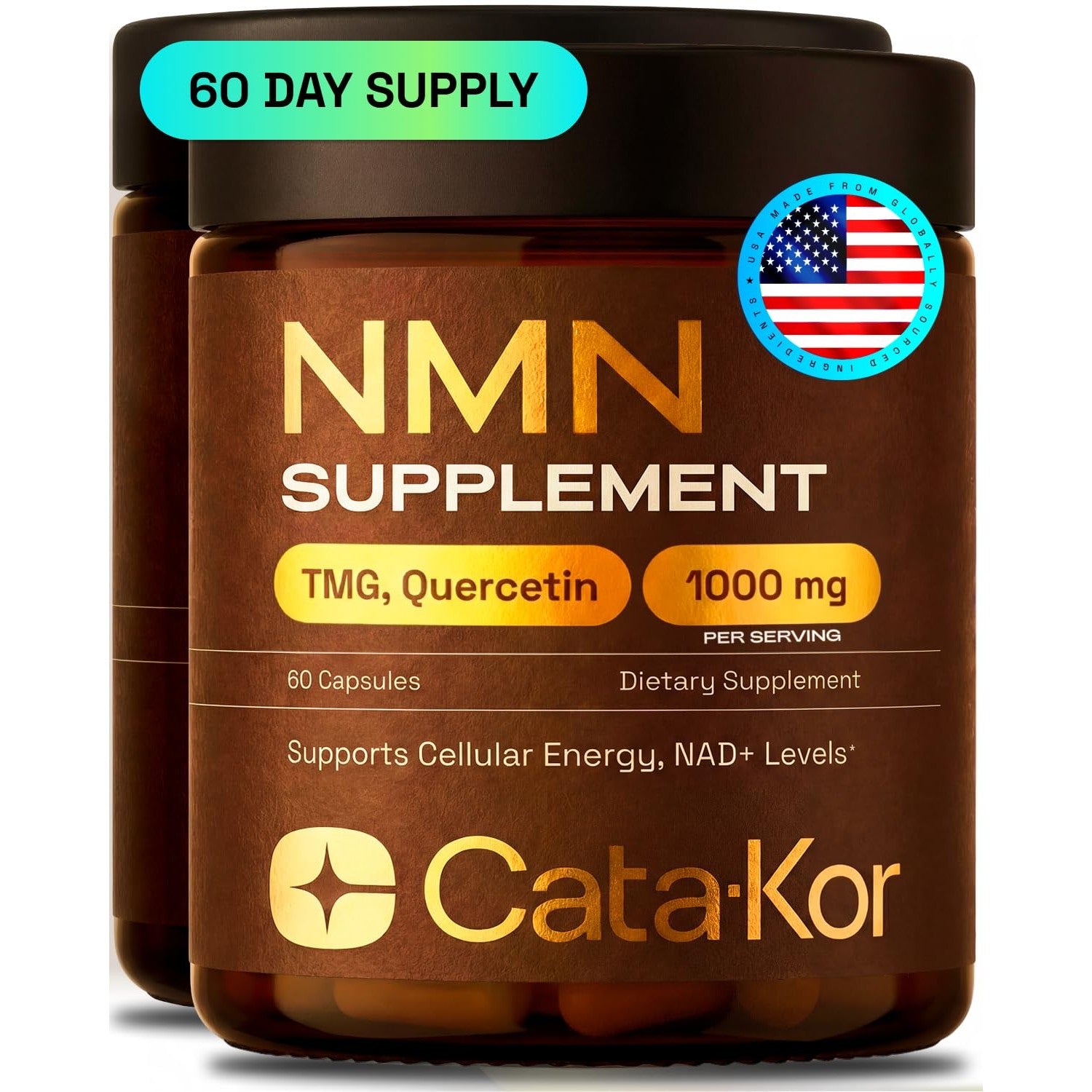 Cata-Kor NMN Supplement – 4-in-1 NAD Supplement with Quercetin | TMG | Resveratrol – NMNH Alternative – Supports Cellular Energy & NAD+ Level – 60 Capsules – Third-Party Tested (1 Pack)