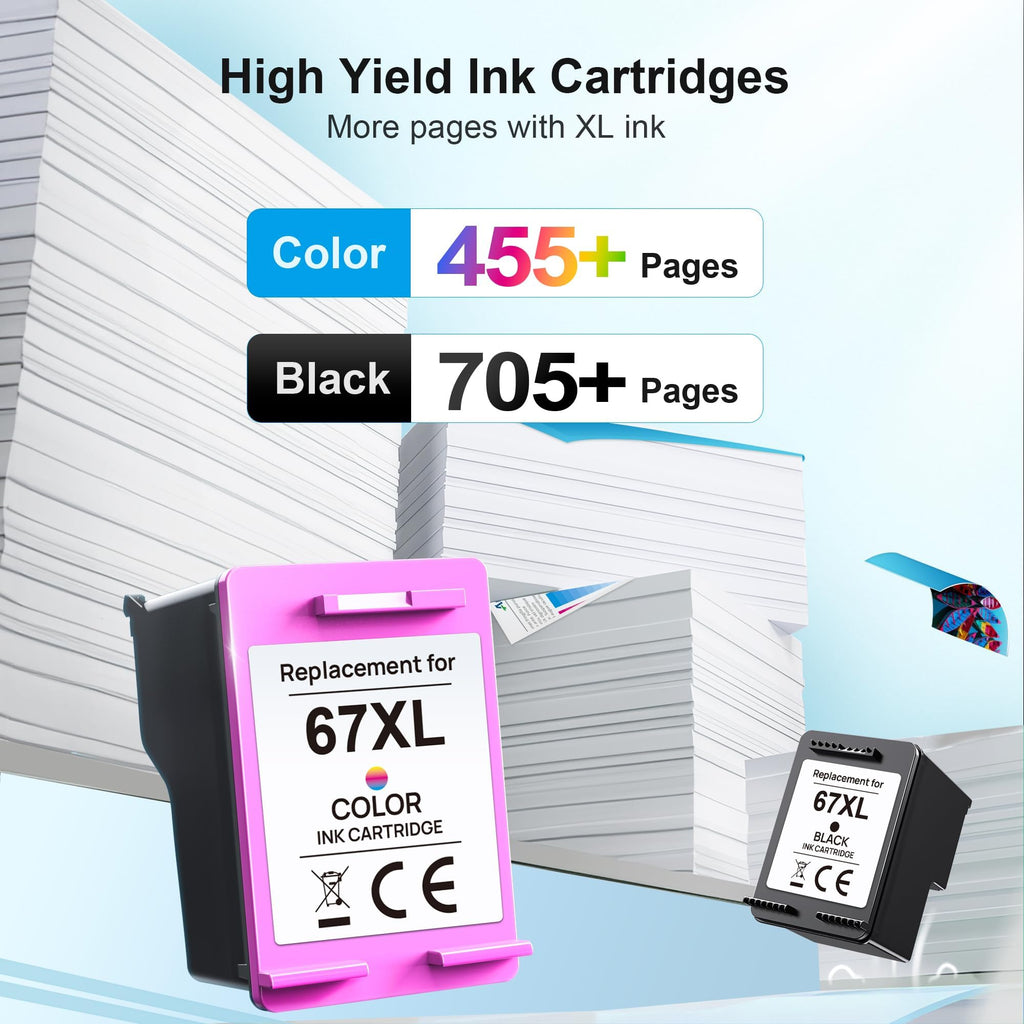 HP 67 Ink Cartridges combo pack with high yield, offering 455+ color pages and 705+ black pages. Available at Curat Cart.