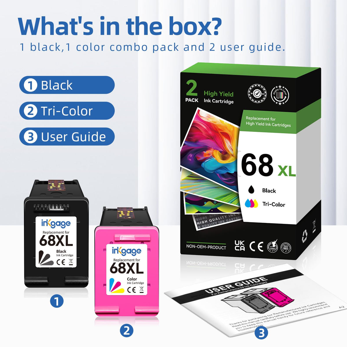 HP 68 High Yield Ink Cartridge in official packaging, includes black and tri-color cartridges. Available at Curat Cart.