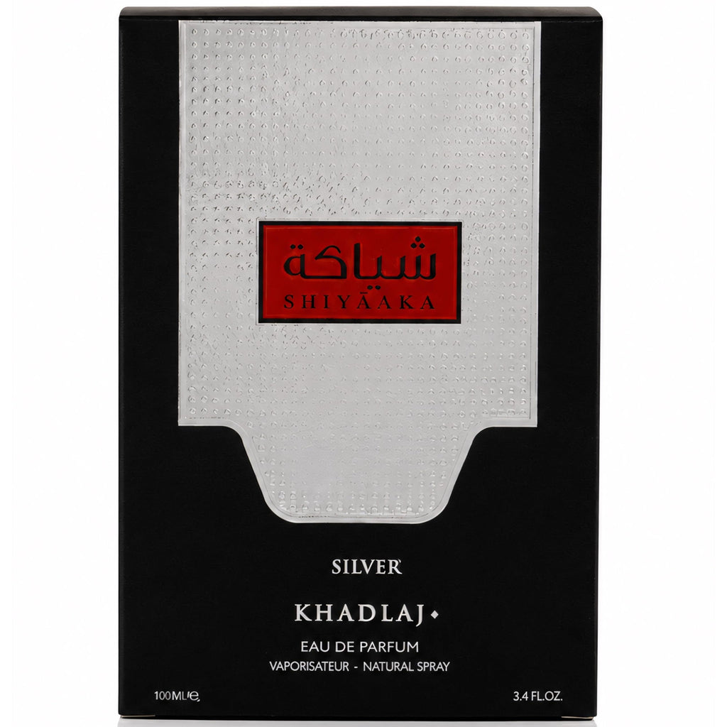 Authentic Khadlaj Shiyaaka Snow, 100ml Eau de Parfum, featuring a citrusy and woody scent in an elegant packaging.