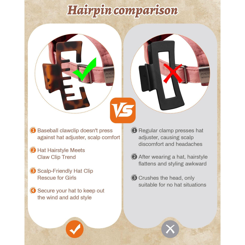 Compare baseball claw clips for hats and regular clips. Promotes scalp comfort and style while wearing hats.