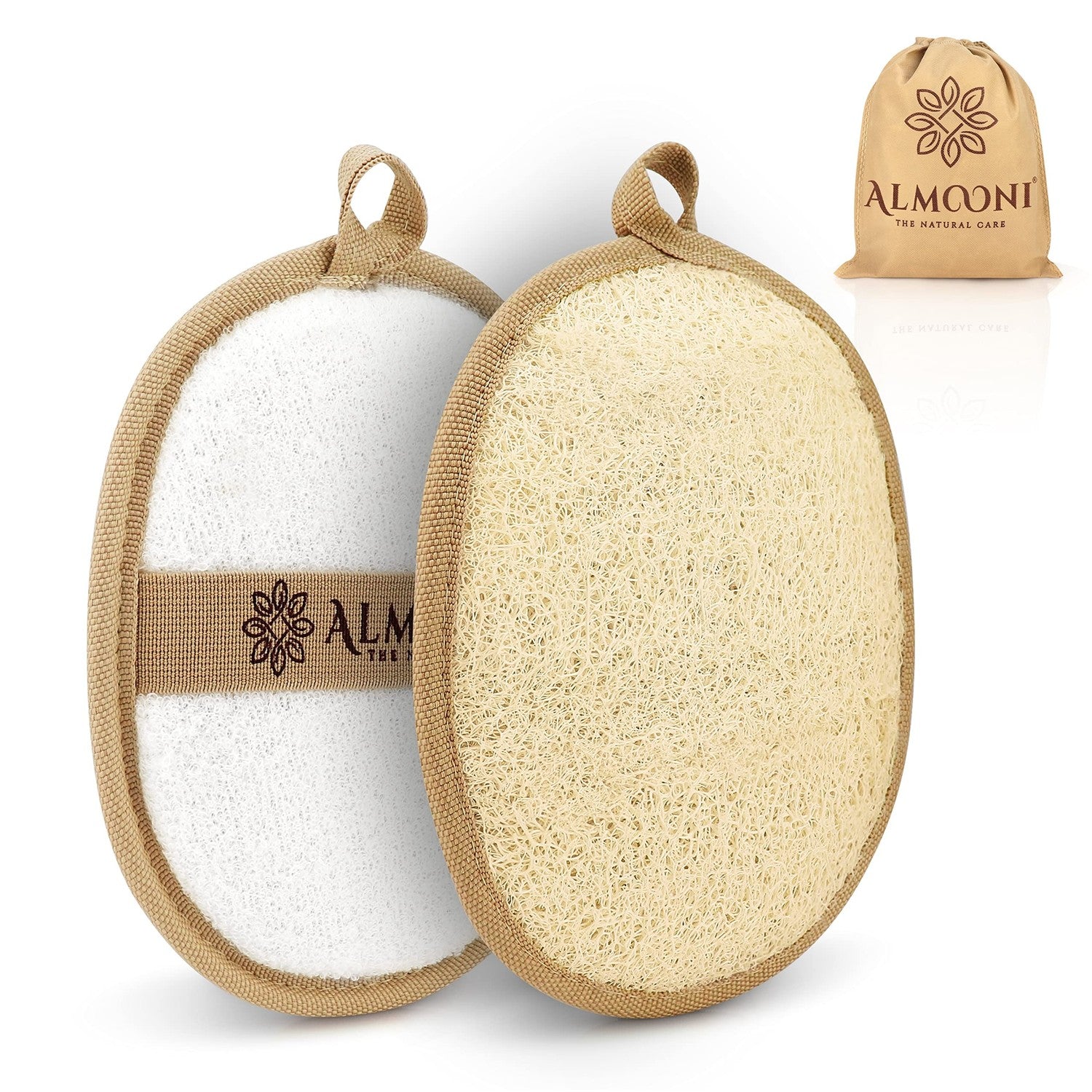 Almooni Natural Loofah Exfoliating Body Scrubber, Shower Sponge 2 Count | Natural Egyptian Loofah, Exfoliating Sponge for Face and Body, Bath Shower Loofah Sponge for Women and Men, 2 count pack