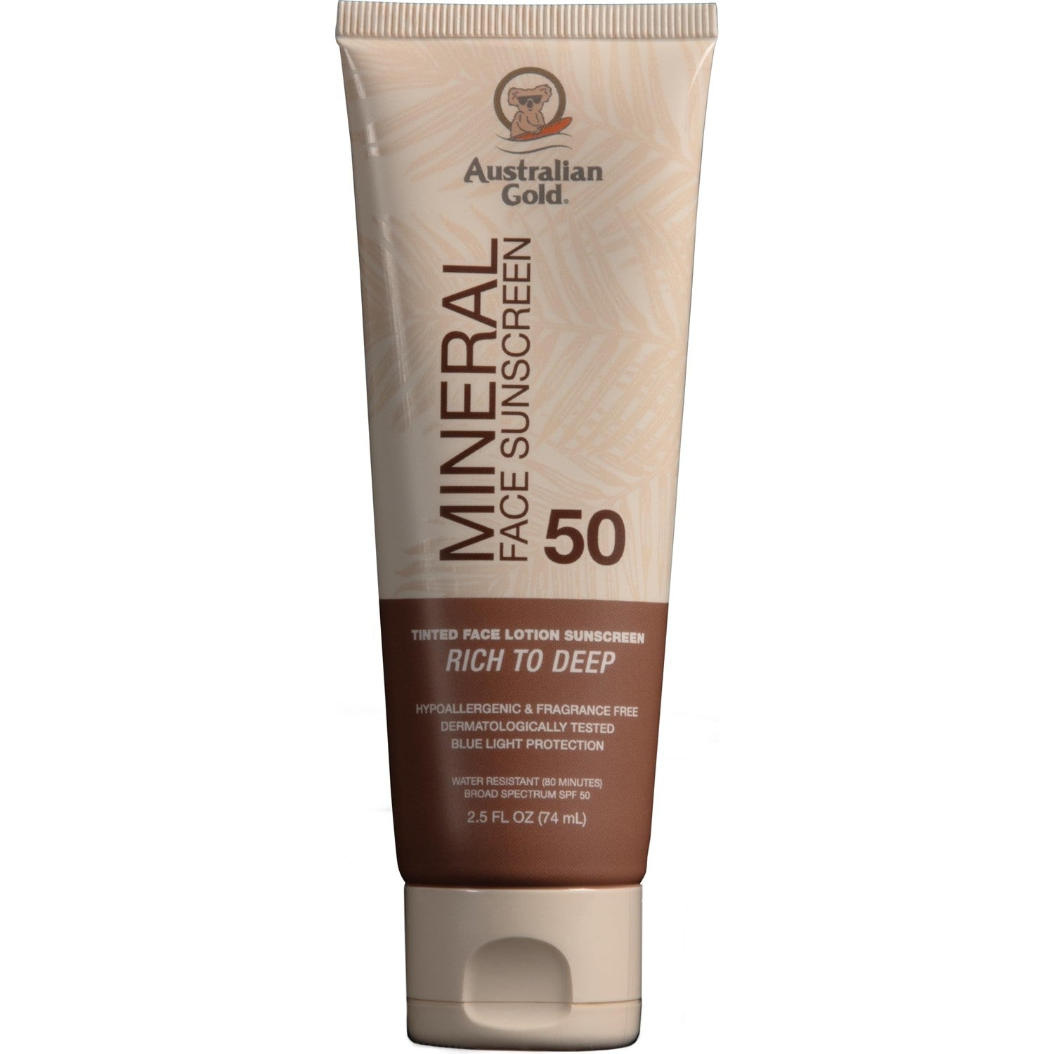 Australian Gold SPF 50 Tinted Mineral Face Sunscreen, Medium-Tan, 2.5 fl oz | Tinted mineral face sunscreen, BB cream finish, buildable coverage, 4% zinc oxide, fragrance free