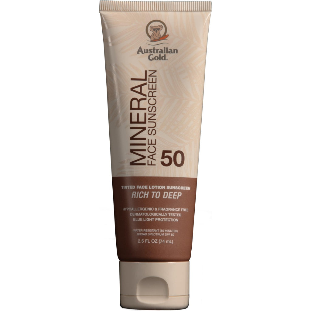 Australian Gold SPF 50 Tinted Mineral Face Sunscreen, Medium-Tan, 2.5 fl oz | Tinted mineral face sunscreen, BB cream finish, buildable coverage, 4% zinc oxide, fragrance free