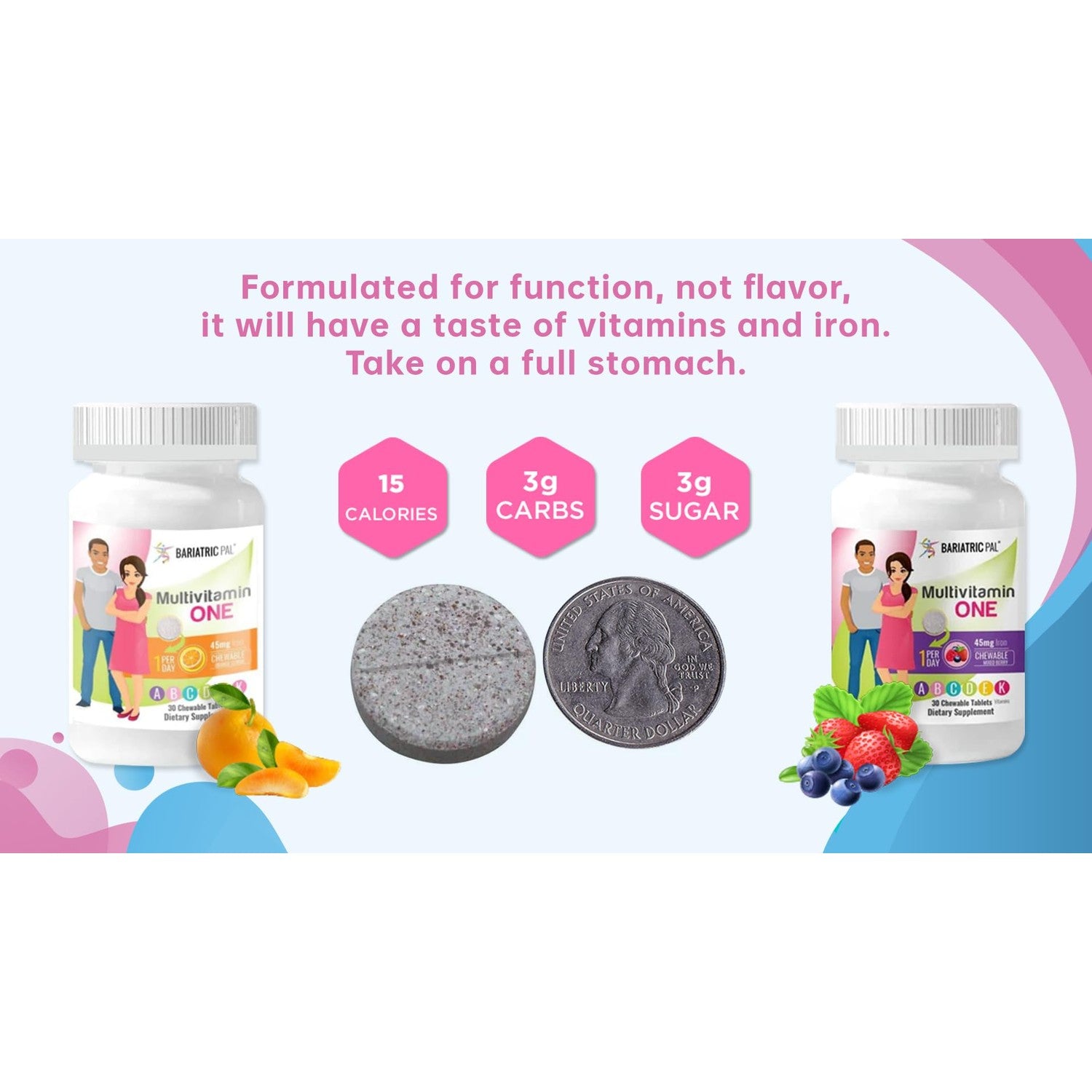 BariatricPal Multivitamin ONE 1 per Day! Bariatric Multivitamin Chewable with 45mg Iron - Mixed Berry (30 Count)