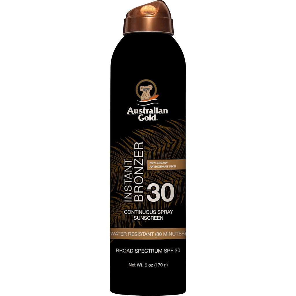 Australian Gold Continuous Spray Sunscreen with Instant Bronzer SPF 30, Immediate Glow & Dries Fast Water Resistant NonGreasy Oxybenzone Free Cruelty Free, Bronzer New, Orange, 6 Oz