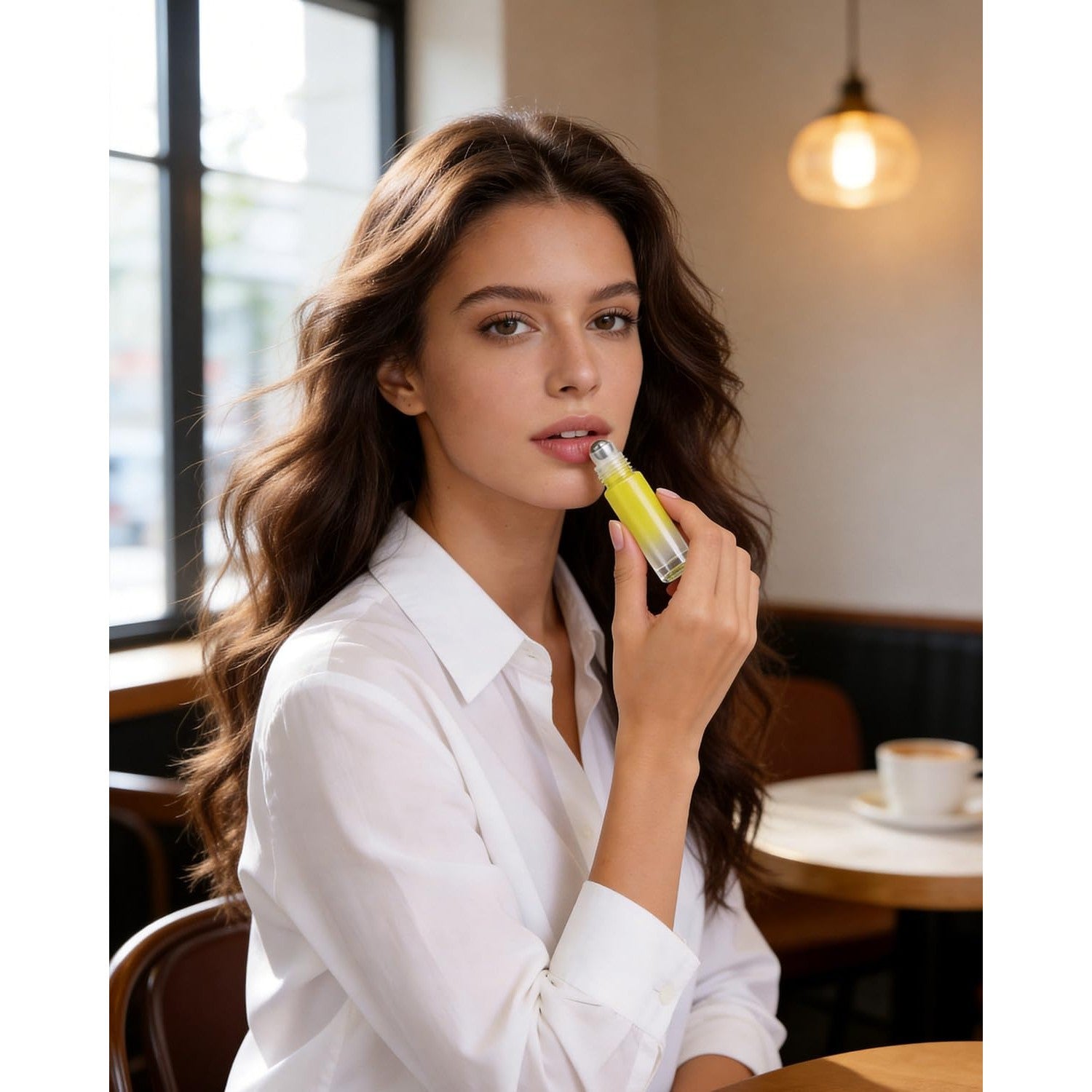 A woman in a white shirt applies essential oil from a roller bottle in a cozy café setting. 100% authentic roller bottles.