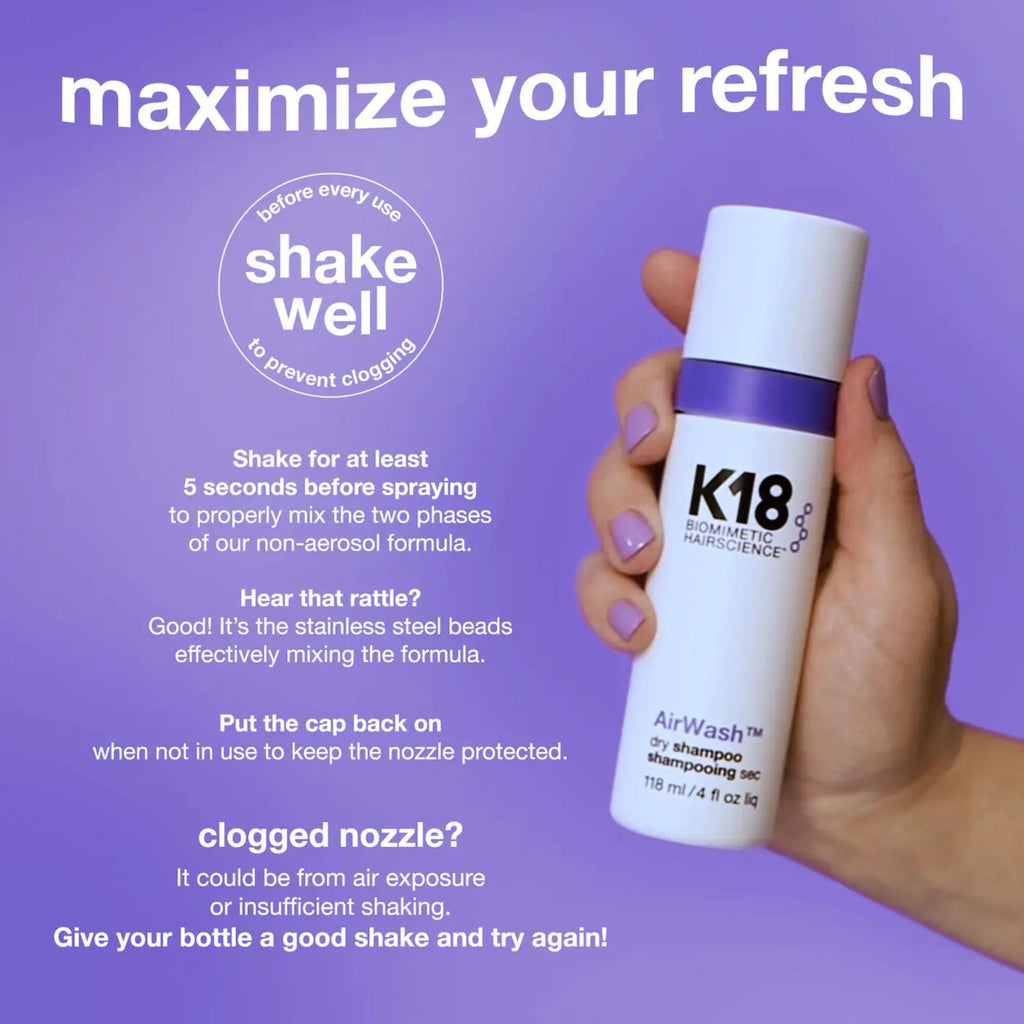 K18 AirWash™ Dry Shampoo, Non-Aerosol, Balances Scalp & Controls Excess Oil Production