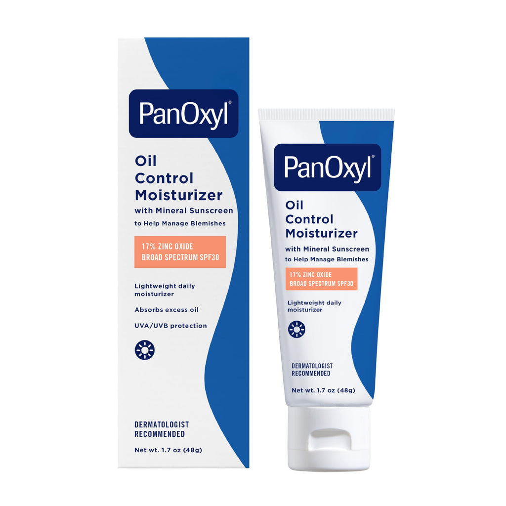 PanOxyl Oil Control Moisturizer, 17% Zinc Oxide, SPF 30, 1.7 oz | Daily Moisturizer with Mineral Sunscreen, Absorbs Excess Oil & Reduces Shine, Sheer/Matte Finish, For Acne Prone & Oily Skin