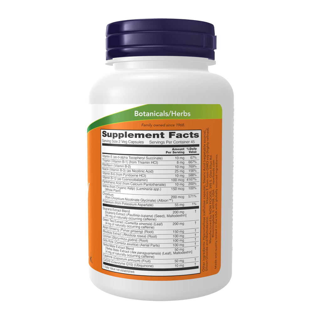Buy now NOW Foods Supplements, Energy Dietary Supplement (lncludes B Vitamins, Green tea, Panax Ginseng and Rhodiola), 90 Capsules at indiglob india