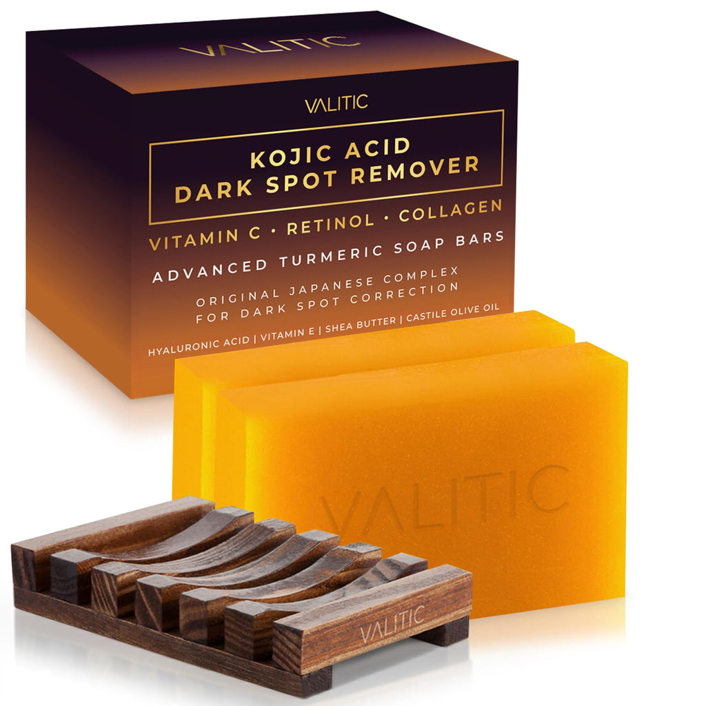 Buy now VALITIC Kojic Acid Dark Spot Remover Soap Bars with Vitamin C, Retinol, Collagen, Turmeric - Original Japanese Complex Infused with Hyaluronic Acid, Vitamin E, Shea Butter, Castile Olive Oil (2 Pack) at indiglob india